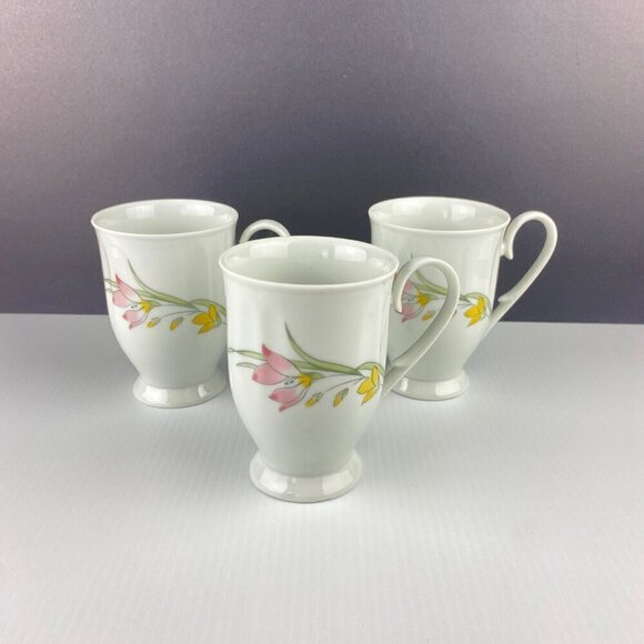 French Garden Pedestal Tea Cups / Mugs Set of 3 with Three Flower Pattern 8oz - Picture 2 of 8